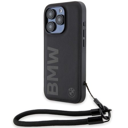 BMW Signature Leather Wordmark Cord-fodral för iPhone 15 Pro Max - svart