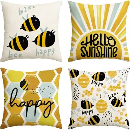 Bee Happy Hello Sunshine -tyynynpäälliset, 18 x 18 tuumaa, hunajakennomainen aurinkoinen kesätyynynpäällinen sohvalle, 4 kpl