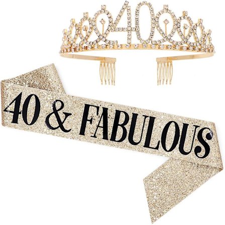 40 och fantastisk skärp och strass tiara set - 40-årsdagspresenter födelsedagsskärp för kvinnor födelsedagsfesttillbehör (guldglitter med svart text)