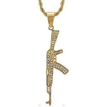 Halsband för män, punk hiphop, berlock i rostfritt stål, 18K guldpläterad, personlig AK47/Iced/Sax/Skalle M9, med 22 tums kedja