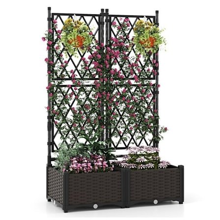 2 i 1 Hævet Plantekasse COSTWAY med Plantebakke og Trellis, Dræning, Udvideligt Design, Selvvandende, Udendørs Indendørs