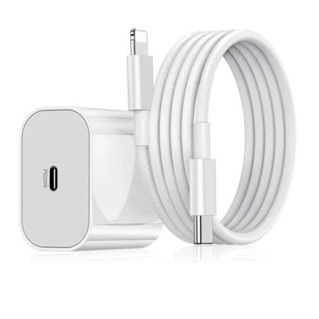 Snabbladdare för iPhone + USB-C till Lightning-kabel, Strömadapter 20W + 2m PD-kabel Vit
