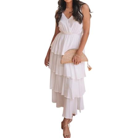 ivimos Dam Sommar Bomull Spaghetti Remmar V-Ringad Lager Ruffle Fåll Boho Swing Midi Klänning Vit Medium