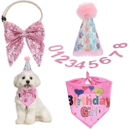 Hunde fødselsdagsdekorationer, justerbar hundehat med tal, hunde fødselsdagsfesthat glitter pink hunde fødselsdag pige pandebånd hat sæt, kat 