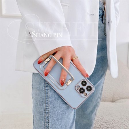 Etui til iPhone 16Pro Yuanfeng Blå + Dobbel Spenne Brakett [Gratis Installasjon] Teksturert dobbel spenne stativ lærtekstur