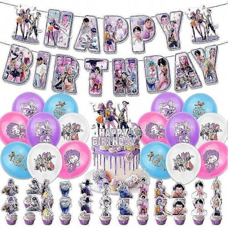 Demon Hunters-temabursdagsdekorasjoner med bannere, kaketoppere og temaballonger for fans, gutter og jenter