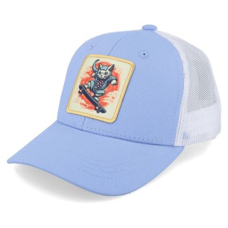 Kiddo Cap - Blå trucker Keps - Kids Skater Cat Patch Light Blue/White Trucker @ Hatstore