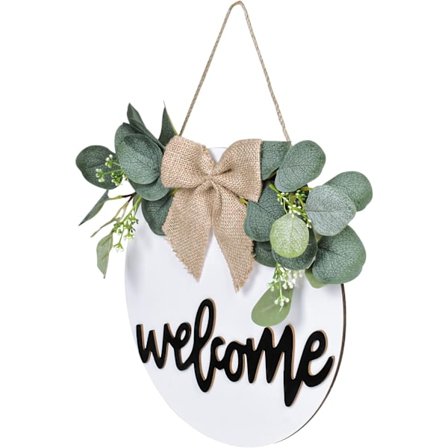 (Vit) Välkommensskylt för ytterdörr, rund hängande välkomstskylt i trä, rustika välkomstkransar för bondgårdens verandadekoration dörrdekorationer