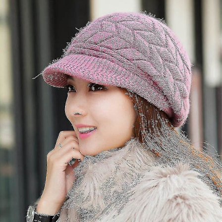 Vintervarm strikket lue for kvinner i ull med visir - Lilla