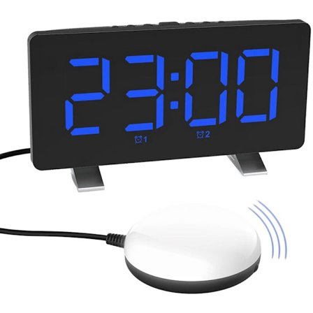 Høj alarmur til tunge sovende, 7,4 tommer digitale ure, stor skærm, med vibrerende sengeryster, blå