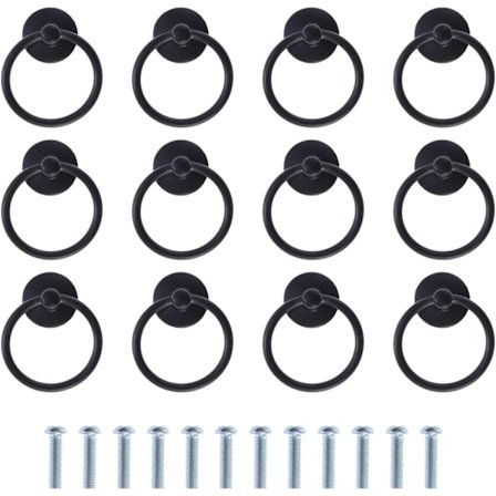 12 stk Vintage Skuffehåndtak, Retro Ring Skuffeknotter, Kjøkkenskap Ring Trekk Håndtak, Antikk Møbel Trekk Håndtak, Svart