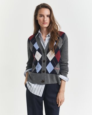 GANT - Argyle V-hals cardigan til dame charcoal melange