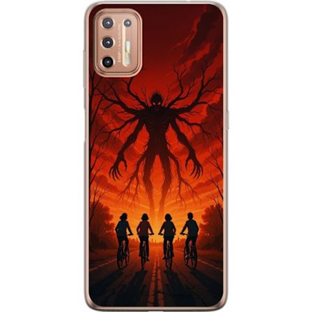 Kompatibelt Mobilskal till Motorola Motorola Moto G9 Plus Mörk Stranger Things-inspirerad skräckillustration med röd himmel, monsterfigur och cykla