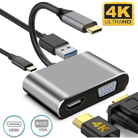 Type-c To Hdmi And Vga And Usb And Pd , 4 In 1 Type C To Vga Hdmi 4k Uhd Usb3.0 And Pd3.0 Hub, Usb C Adapter For Macbook Pro/imac/air Chromebook Pixel