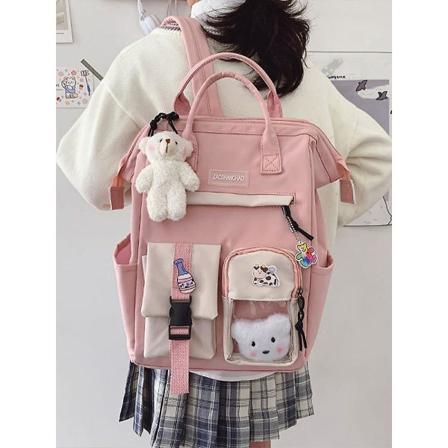 Skolesekk for jenter, slitesterk og søt med stor kapasitet og Kawaii-tilbehør, tilgjengelig i grønt, rosa, svart og lilla Pink