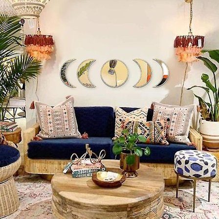 Dekorativ Glas Månefase Spejl Indretning Træ Månefase Spejl Boheme Vægdekoration Til Værelse (Beige) 5 stk