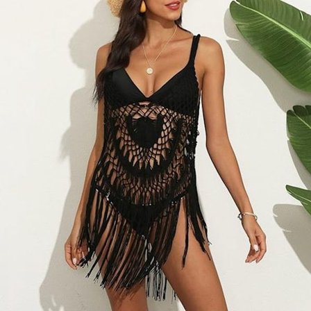 Heklet bikini-strandkjole for kvinner - Svart - Komfortabel enkel størrelse - Pustende og stilig