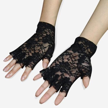 Korta svarta burleska franska piga fingerlösa spetsdräkt handskar