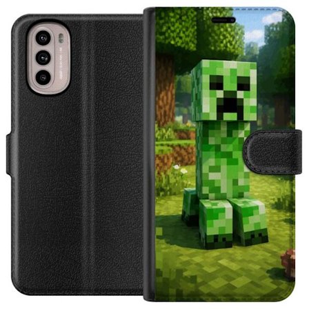 Kompatibelt Plånboksfodral till Motorola Moto G31 Block-baserad Creeper-figur i en grön pixell värld, ikonisk spelillustration för barnrum, gamers