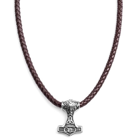 Collier en cuir marron et pendentif celtique double face pour hommes - Colliers marteau de Thor