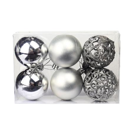 6 stycken silver 6 cm julgranskulor i plast som är obrottsäkra