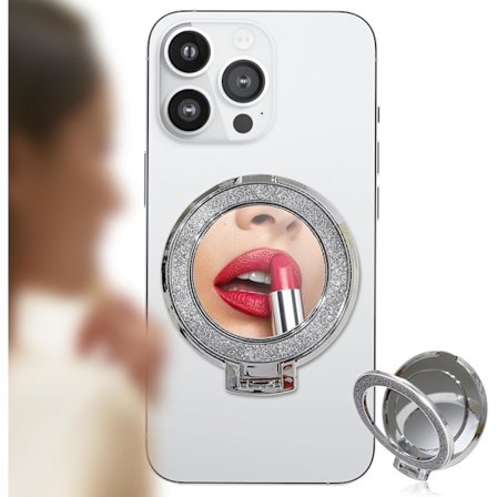 Telefon Ring Holder Sølv, Diamant Bling Spejl Mobiltelefon Grip Stand, Understøtter Magnetisk Opladning (Sølv)