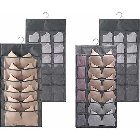 2 stk hengende oppbevaringsveske, dobbeltsidig BH-hengende veske, skillevegg, oppbevaring, BH-hengende vesker for undertøy, lommeorganisator, gråT-fet