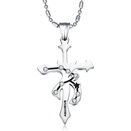 Wekity Men's Stainless Steel CZ Horoscope Zodiac 12 Constellation Cross Pendant Necklace Birthday Gift