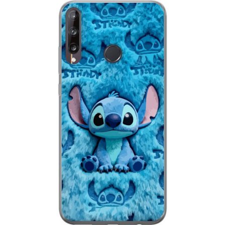 Huawei P40 lite E Genomskinligt Skal Stitch sitter på fluffigt blått mönster med sitt ansikte och öron upprepade som textur, vilket skapar ett sö