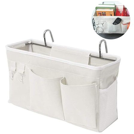 Sängförvaringsväska med trådkrok, kan förvara böcker, tidningar, mobiltelefoner, sängkläder, vit