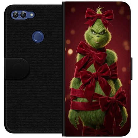 Yhteensopiva Lompakkokotelo Huawei Huawei P smart Grinchi-hahmo koristeltu punaisilla samettinauhoilla juhlavassa studiossa, leikkisällä ja humorist