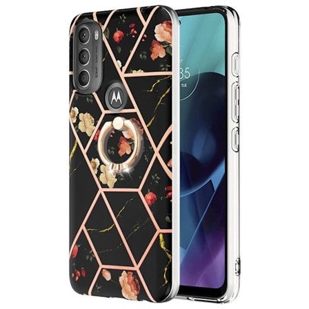 Marble Patterned Suojakuori With Ring Holder For Motorola Moto G71 5G - Black Flowers