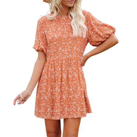 Spring Digital Printed Lantern Sleeve Kort Lös Casual Small