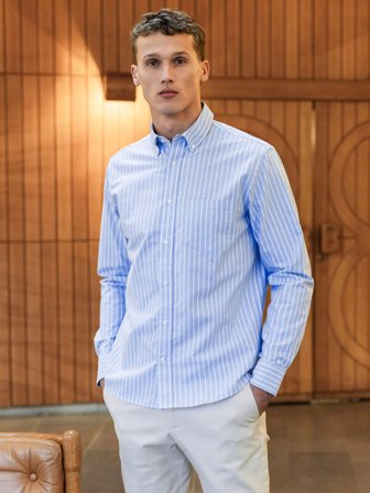John Henric Men's Blue & White Cotton Striped Casual Fit Oxford Shirt Size S