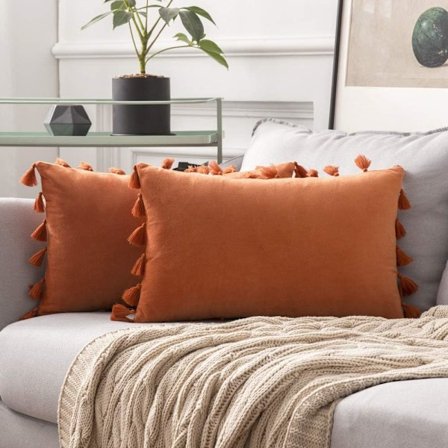 2 stk. fløjlsbløde ensfarvede dekorative pudebetræk med frynser Boho pudebetræk til sofa seng orange