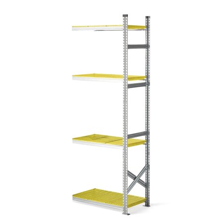 Reol påbyggseksjon med gule plasthyller, 2500x900x500 mm