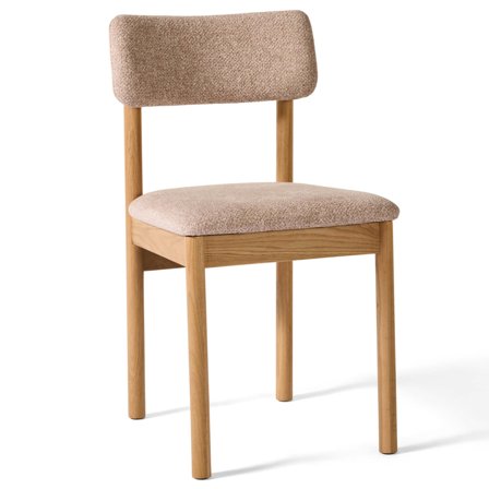 Vela Esszimmerstuhl, Eiche, beige gepolstert in Bouclé-Optik, skandinavisches Design, hoher Sitzkomfort, zeitlose Ästhetik, stabile Beine, 81cm.