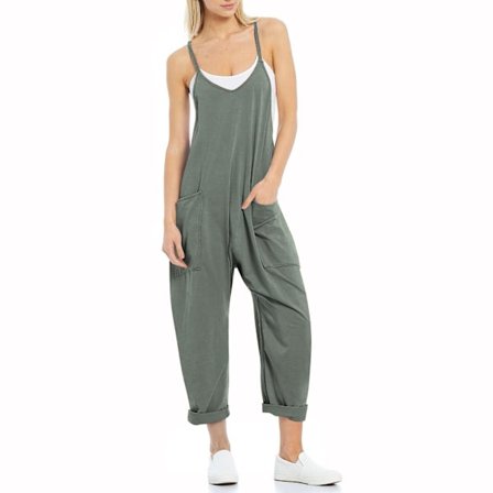 Damkläder Sommar Casual Lös Lång Overall Jumpsuit Romper Lös Jumpsuit med Fickor Grön 4XL