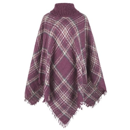 Turtleneck Frayed Trim Rutig Poncho-tröja