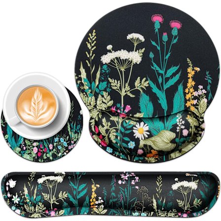 3-i-1 Ergonomisk musemåtte med håndledsstøtte, skridsikker spilleoverflade & tastaturstøtte, blomster & vækster