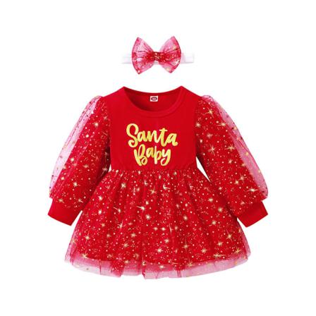 Toddler Bokstäver Print Julklänningar Crew Neck Party Dress