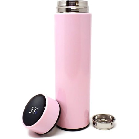 Isolerad vattenflaska Kaffe Te Resemugg Termos Vattenflaska med temperaturdisplay 500mL/16,9 Fl.oz - Håller sig varm eller kall i 12 timmar (rosa)