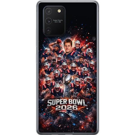 Yhteensopiva Puhelinkuori Samsung Galaxy S10 Lite Super Bowl 2026 juliste, jossa New England Patriots ja NFL-mestaruuspalkinto räjähtävän urheilullise