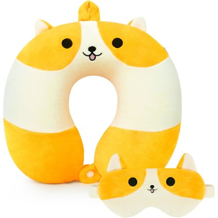 Corgi Reisepute for barn og voksne, tegneserie nakkepute med øyemaske for reiser Memory Foam flypute, dyrepute hodestøtte nakkestøtte f