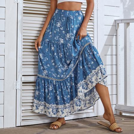 Kvinnor Sommar Boho Hög Midja Kjolar Volang Maxi Kjol Snörning