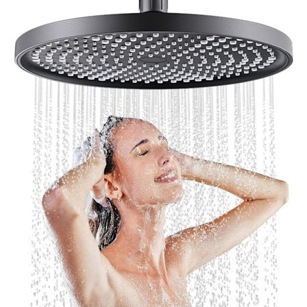 Brusehoved, rundt overhead brusehoved, 10-tommers trykbrusehoved, 264 silikone vandhuller, fast brusehoved, regnbrusehoved, sort