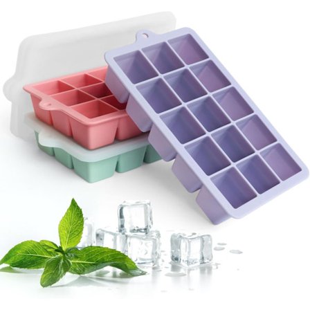 Silikone Isterningebakke med Låg - 45 Kuber, BPA-fri til Whiskey & Cocktails (Lilla+Rosa+Grøn, 3-pak)