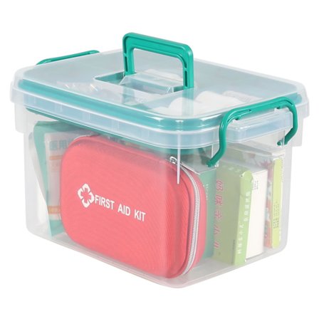 Førstehjelpsboks i plast, husholdningsførstehjelpssett med håndtak og lokk, klar
