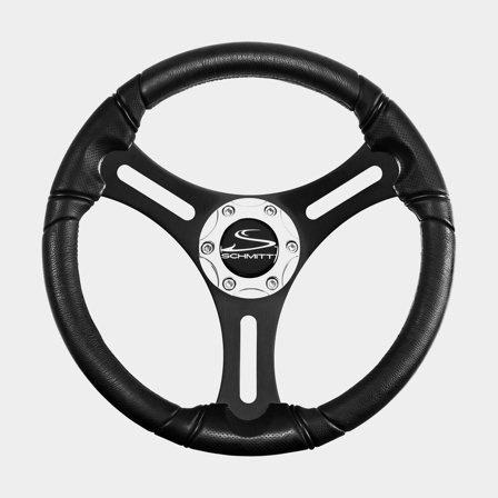Powerboat steering wheel Schmitt Torcello 355, aluminium with polyurethane, Ø355 mm, with hub, fits 3/4" (19 mm) steering shaft, black/chrome