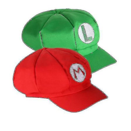 Pakke med 2 Mario og Luigi-hatter, rød og grønn, caps for voksne